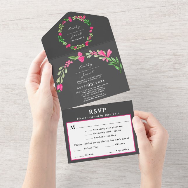 Invitación Todo En Uno Respuesta de Boda Country Floral Gris Oscuro Rústi (desgarro)