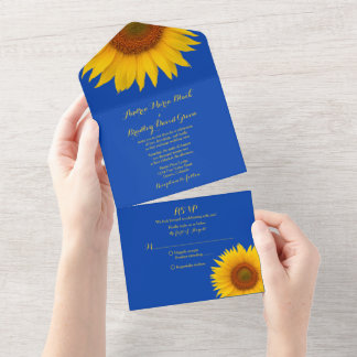 Invitación Todo En Uno Respuesta de Boda de Girasol Amarillo Azul Real