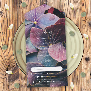 Invitación Todo En Uno Respuesta de Boda Hortensias Azules y Moradas Todo