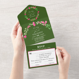 Invitación Todo En Uno Respuesta de Boda Verde Bosque Floral Rosa