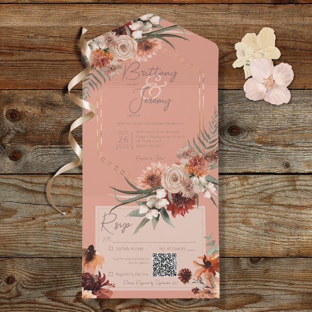 Invitación Todo En Uno Resto de Boho Rust & Neutral Fall Floral Peach Rus (Also available without a QR code; with or without dinner selection options.)
