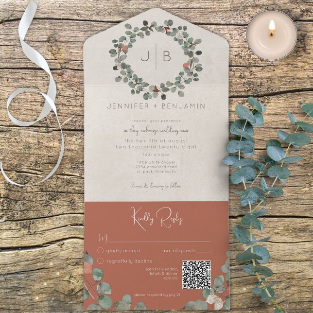 Invitación Todo En Uno Resto y eucalipto verde Código QR moderno (Also available without a QR code; with or without dinner selection options.)