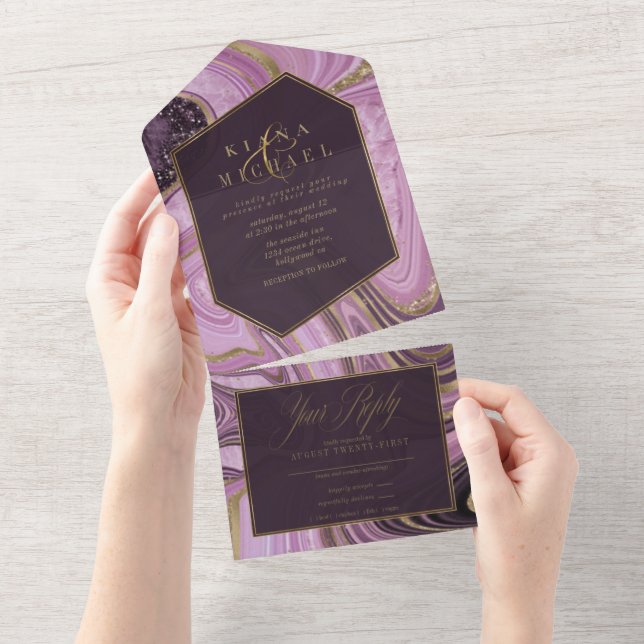 Invitación Todo En Uno Resumen Agate Boda Mauve ID827 (desgarro)