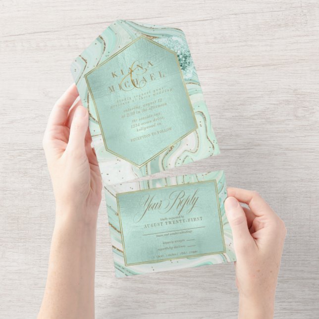 Invitación Todo En Uno Resumen Agate Boda Mint Green ID827 (desgarro)