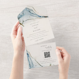 Invitación Todo En Uno Resumen Código QR del Boda de la playa de oro azul