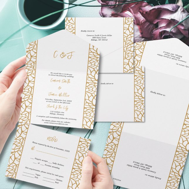 Invitación Todo En Uno Resumen Línea Botánica Foliage White & Aztec Gold (Abstract Botanical Line Foliage White & Aztec Gold All In One Invitation)