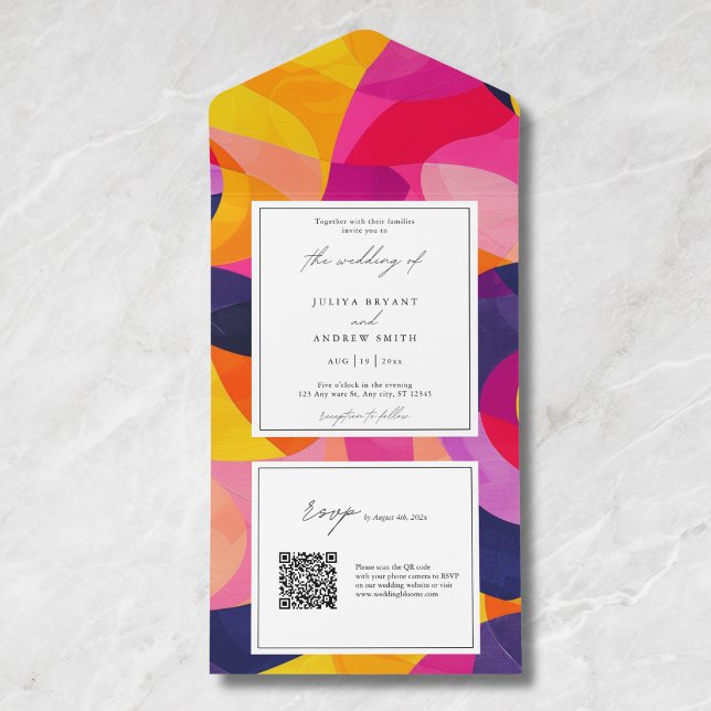 Invitación Todo En Uno Resumen moderno boda de código QR rosa caliente (Subido por el creador)