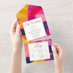 Invitación Todo En Uno Resumen moderno Rosa caliente y boda Naranja