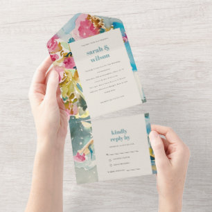 Invitación Todo En Uno Resumen negrita Boda floral de color azul rosado