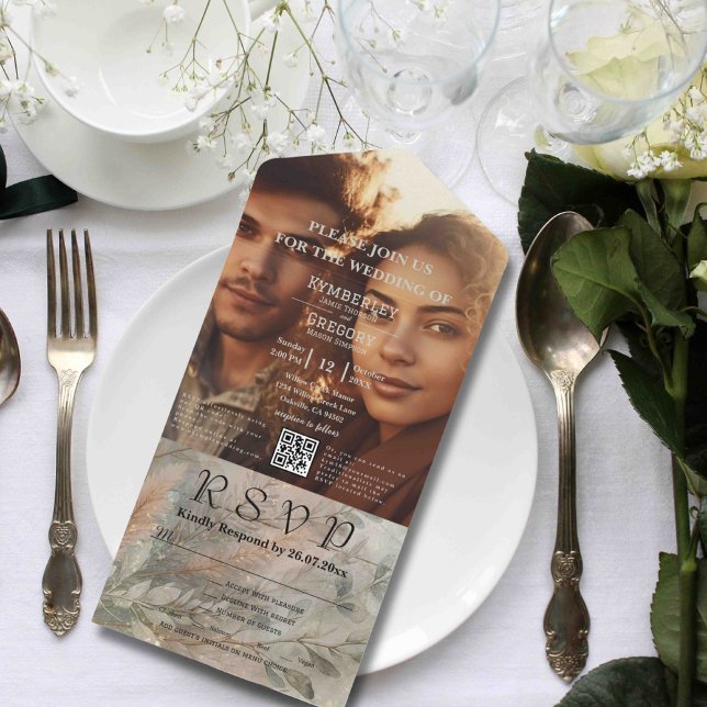 Invitación Todo En Uno Resumen suave Código QR de foto verde gris botánic (Subido por el creador)