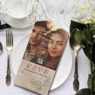 Invitación Todo En Uno Resumen verde de Boho Beige Foto Código QR Minimal