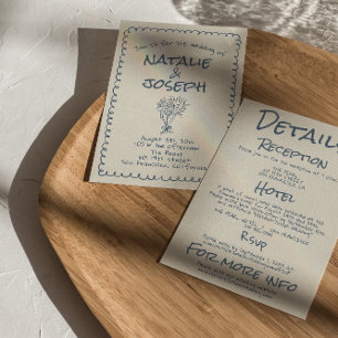 Invitación Todo en uno Retro Azul marino Boda Dibujada a Mano
