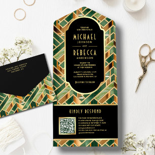 Invitación Todo En Uno Retro Green Gold Marble Art Deco QR Code Boda