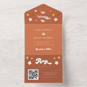 Invitación Todo En Uno Retro Groovy Daisy Floral Seventita Terracotta