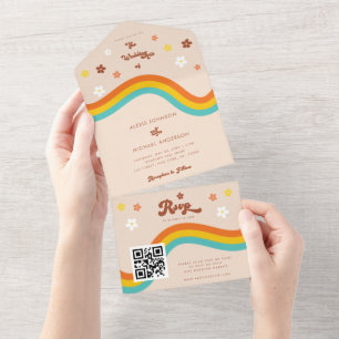 Invitación Todo En Uno Retro Groovy Daisy Rainbow QR Code Hippie Boda