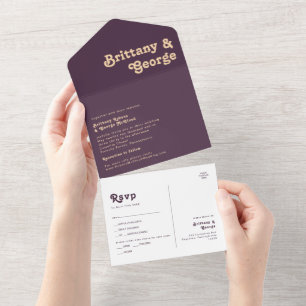 Invitación Todo En Uno Retro moderno   Sello morado oscuro y envío