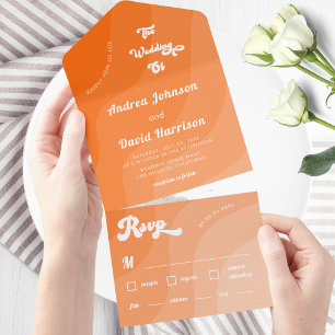 Invitación Todo En Uno Retro Naranja Peach Waves Boda de tipografía de lo