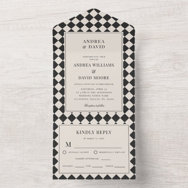 Invitación Todo En Uno Retro Old Money Checkered Wedding (Interior)