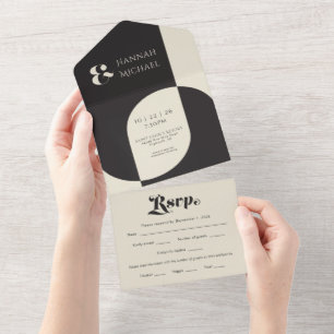 Invitación Todo En Uno Retro simple de crema negra