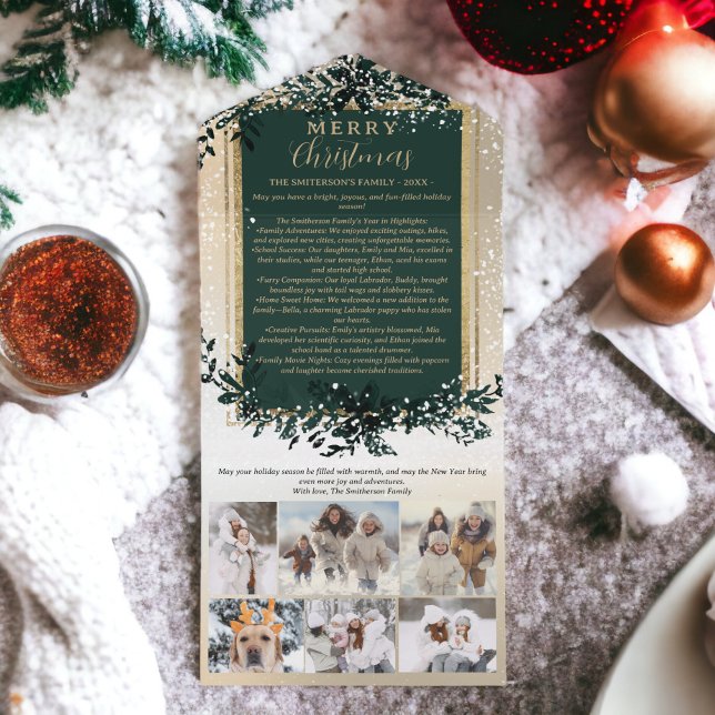 Invitación Todo En Uno Revista anual de oro verde Feliz Navidad 6 fotos (Year review gold green Merry Christmas 6 photos All In One Invitation)