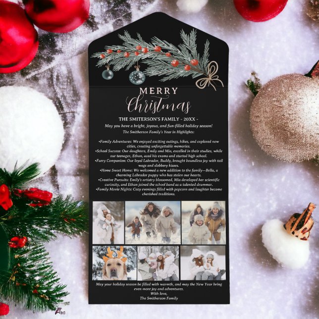 Invitación Todo En Uno Revista anual de pino rojo Merry Navidad 6 fotos (Year review pine red Merry Christmas 6 photos All In One Invitation on black)
