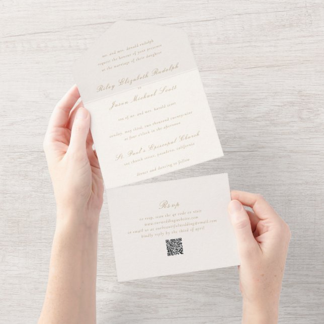 Invitación Todo En Uno Riley Ivory y Gold Elegant Wedding (desgarro)