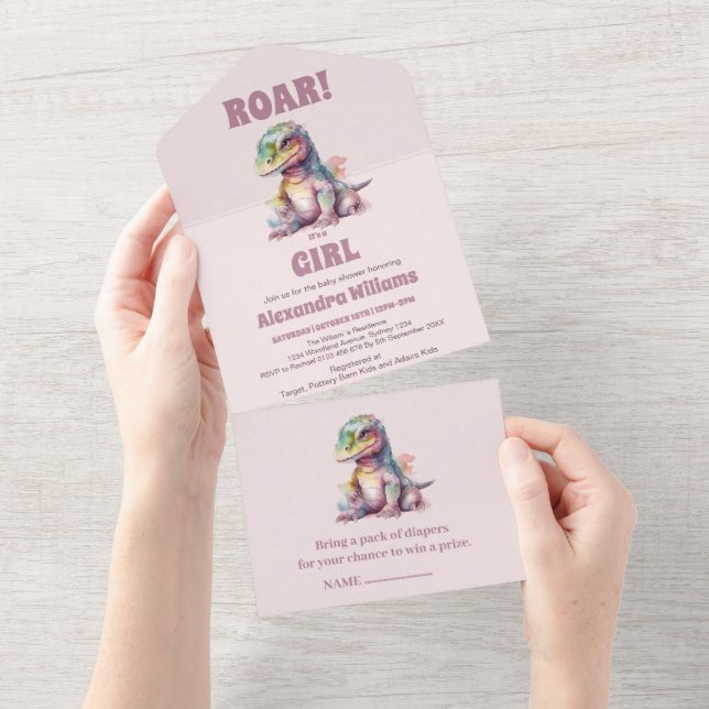 Invitación Todo En Uno Roar es un Chica dinosaurio Baby Shower (desgarro)