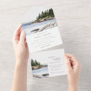 Invitación Todo En Uno Rocky Pine Watercolor Seascape Boda