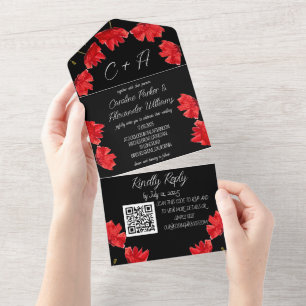 Invitación Todo En Uno Rojo Poppies Adormidera Negro Moderno Floral Elega