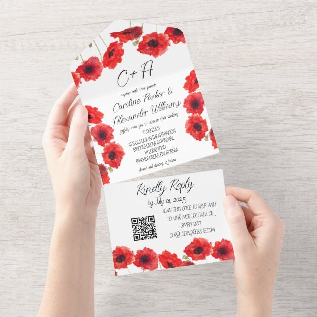 Invitación Todo En Uno Rojo Poppies Adorna Moderno Elegante Floral (desgarro)