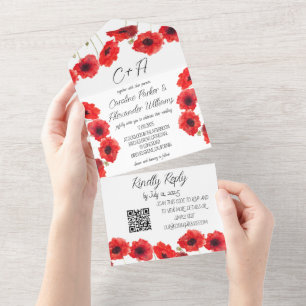 Invitación Todo En Uno Rojo Poppies Adorna Moderno Elegante Floral