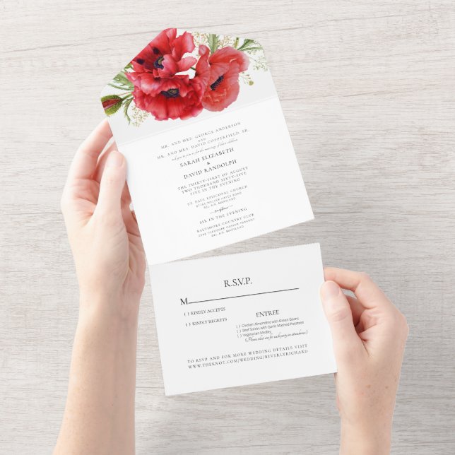 Invitación Todo En Uno Rojo Poppies Blanco Dos Lugares Boda Todo En Uno (desgarro)