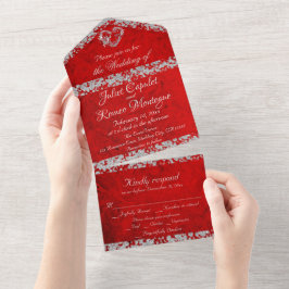 Invitación Todo En Uno Rojo romántico, borde Purpurina y corazón