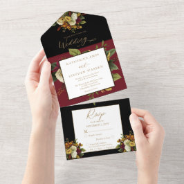 Invitación Todo En Uno Rojo rústico | Naranja Floral Bouquet Boda All In