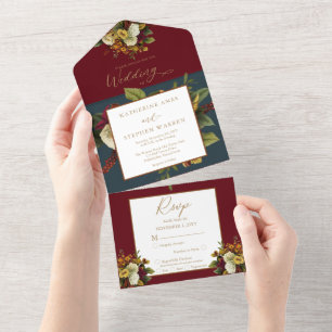 Invitación Todo En Uno Rojo rústico   Naranja Floral Bouquet Boda Verde a