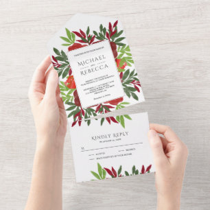 Invitación Todo En Uno Rojo Verde Acuarela Floral Hojas Jardín Boda