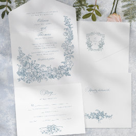 Invitación Todo En Uno Romantic Dusty Blue Line Art Floral Wedding