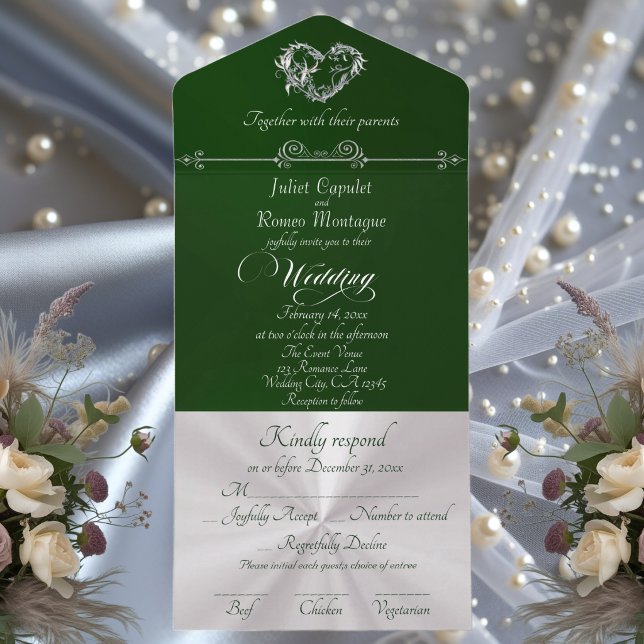 Invitación Todo En Uno Romantic Heart & Calligraphy - Emerald/Silver (Subido por el creador)