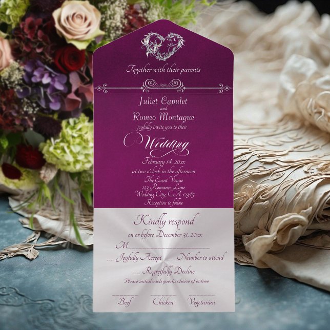 Invitación Todo En Uno Romantic Heart & Calligraphy - Purple/Silver (Subido por el creador)