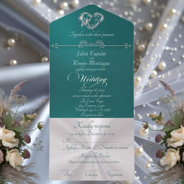 Invitación Todo En Uno Romantic Heart & Calligraphy - Teal/Silver (Subido por el creador)
