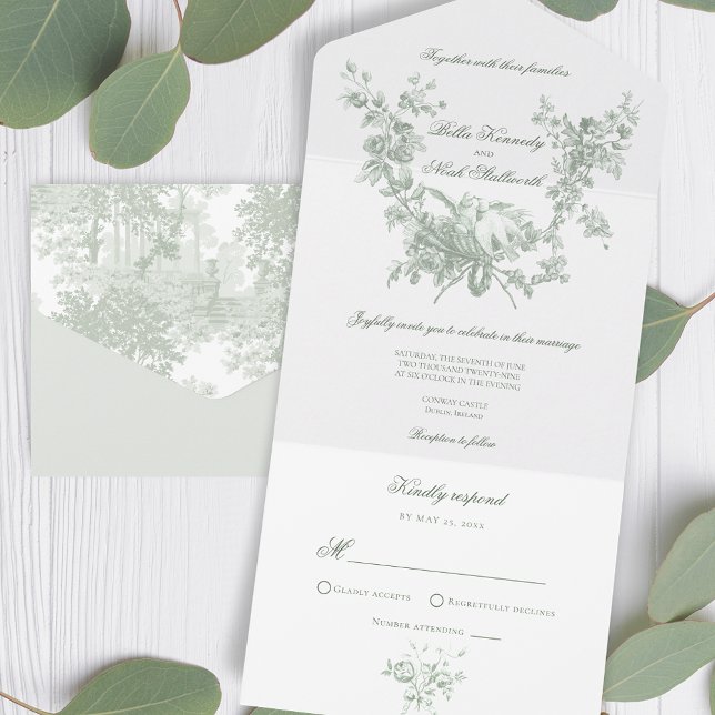 Invitación Todo En Uno Romantic Sage Floral Wreath w/Lovebirds Wedding (Subido por el creador)