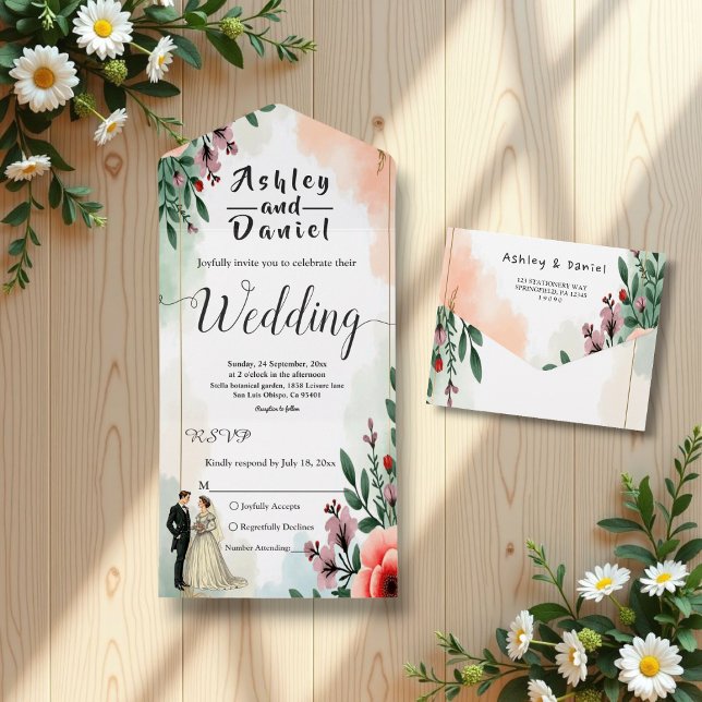 Invitación Todo En Uno Romántica acuarela Floral Bride y Groom Boda (Subido por el creador)