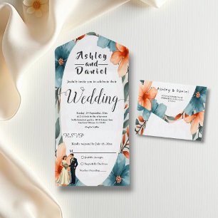 Invitación Todo En Uno Romántica acuarela Floral Bride y Groom Boda