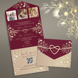 Invitación Todo En Uno Romántica Boda Burgundy y Dorado Chinoiserie