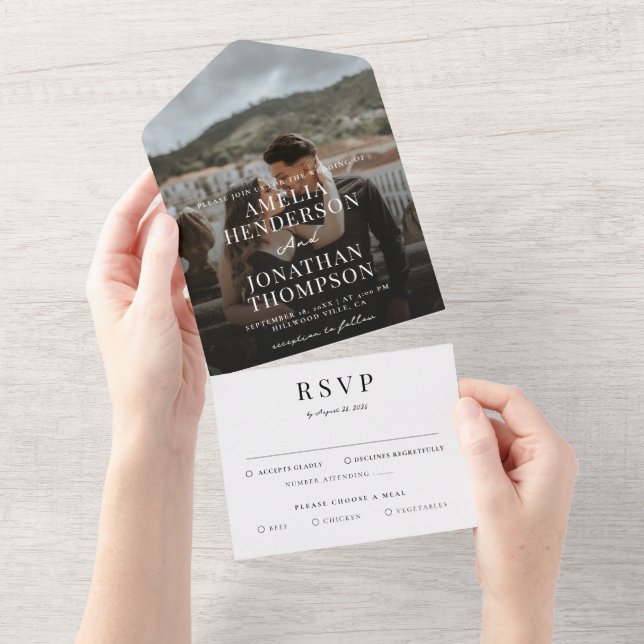 Invitación Todo En Uno Romántica Clásica Foto Script Wedding RSVP (desgarro)