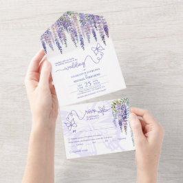 Invitación Todo En Uno Romántica Wisteria Boda Jardín con Menú Electo