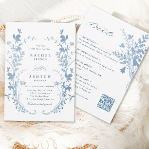 Invitación Todo en uno Romántico Azul Francés Botánico Boda