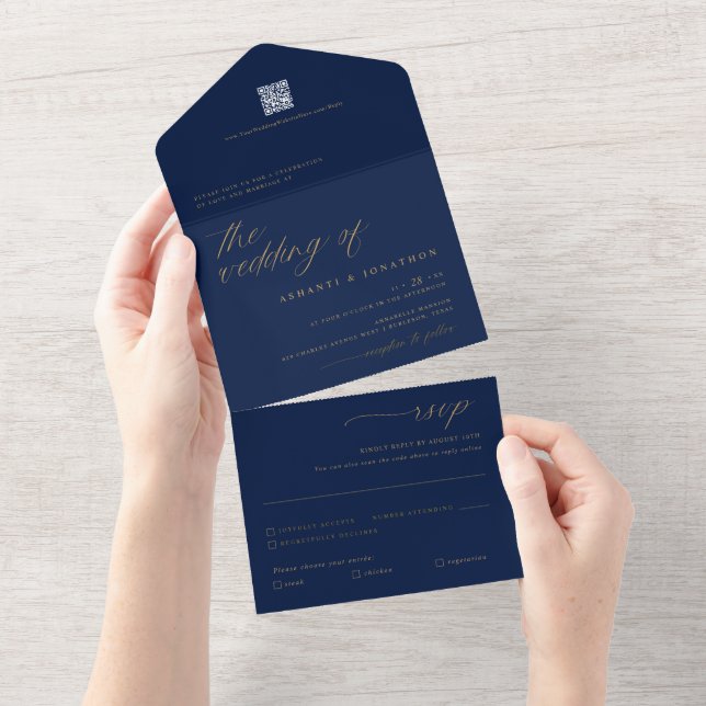 Invitación Todo En Uno Romántico Azul Marino Dorado Script Delicado Boda (desgarro)
