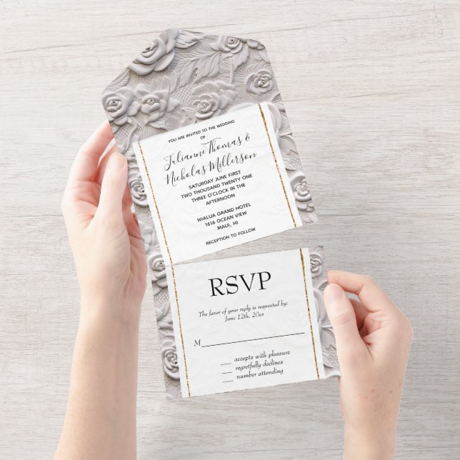 Invitación Todo En Uno Romántico Boda de cuero falso de rosas blancas (desgarro)