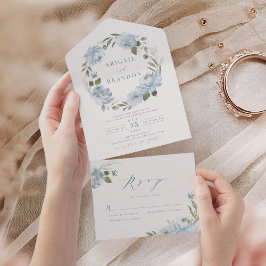 Invitación Todo En Uno Romántico boda de flores azules polvorientas